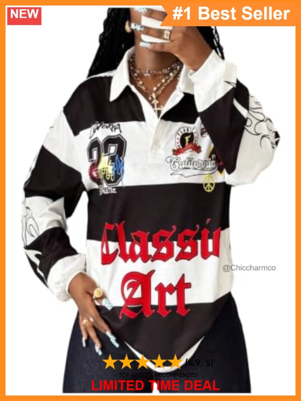 Women's Y2k Graphic Long Sleeve Collared Tee Loose Fit Drop Shoulder